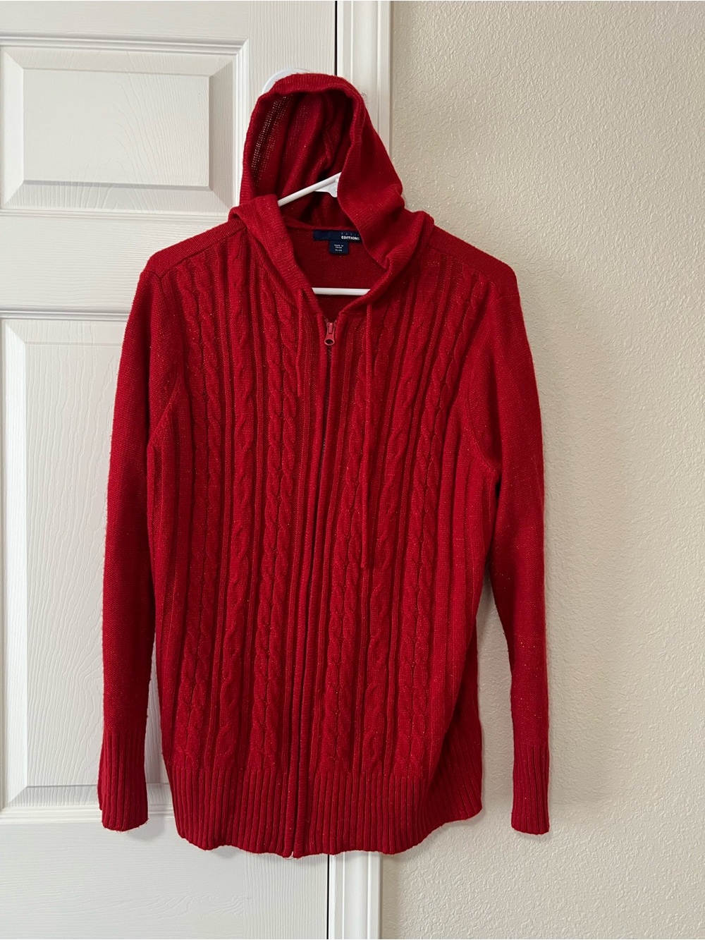 Basic Editions Red Sparkle Cable Knit Full Zip Hooded Sweater Cardigan XL